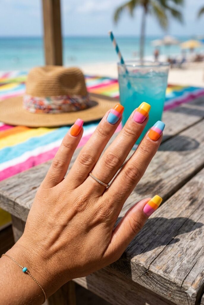 Bold color block nails in pink orange blue and yellow