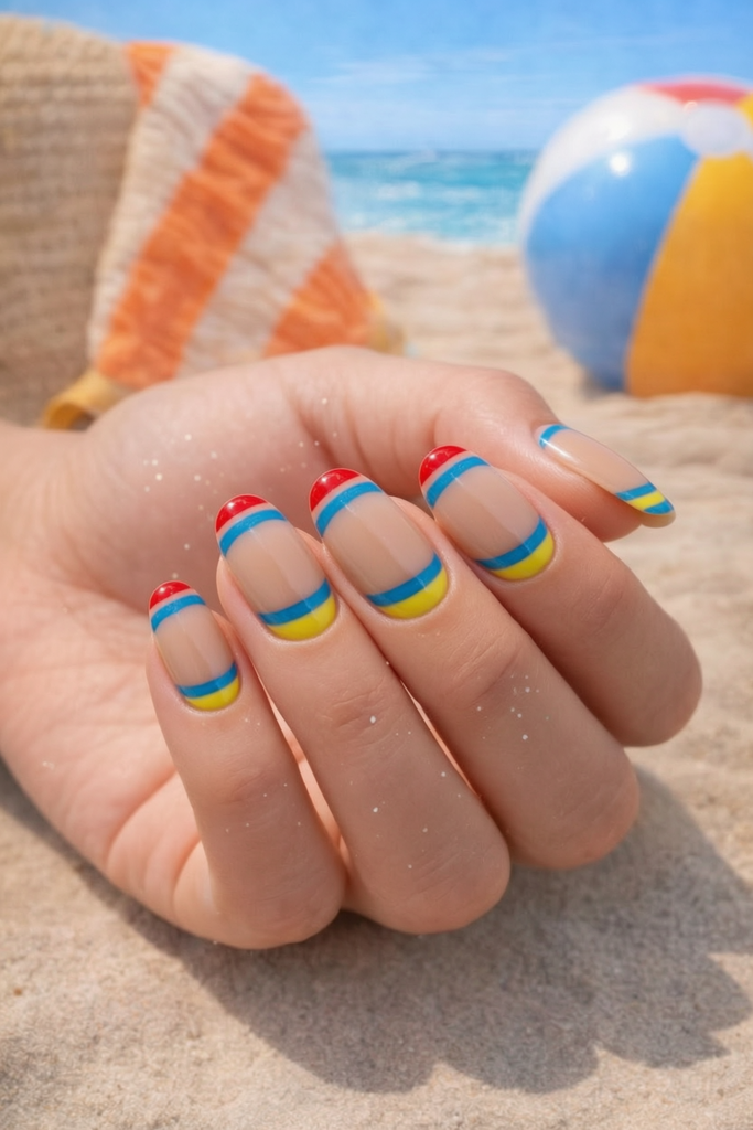 Nude nails with striped beach umbrella inspired tips