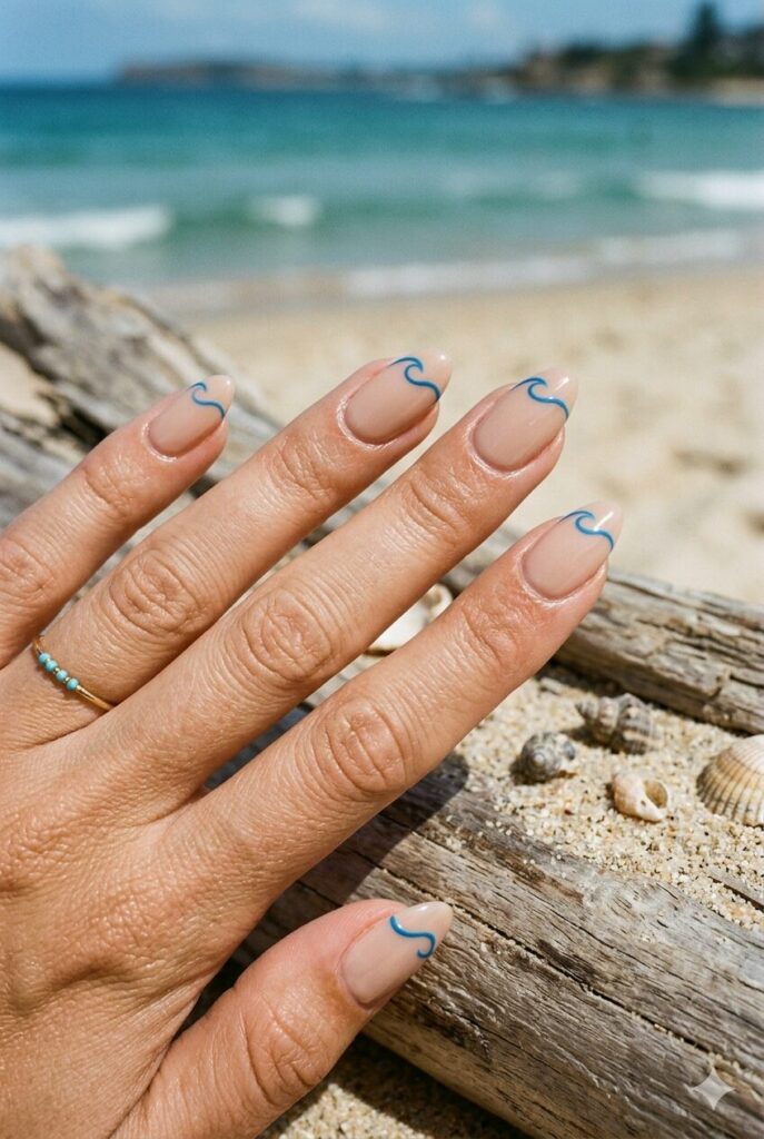 Nude nails with thin blue wave line art near the tips