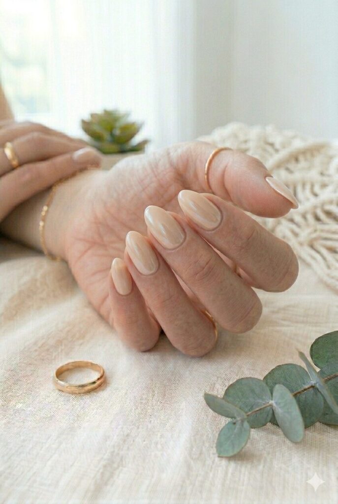 Short almond nails with soft beige chrome glow finish