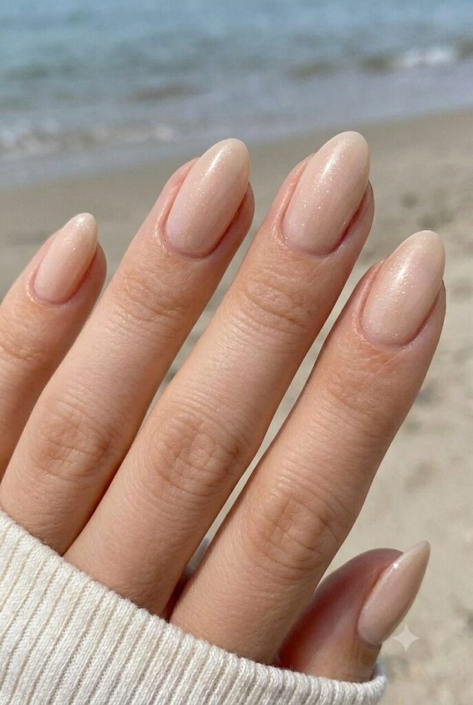 Short almond nails with soft beige and pearl shine finish