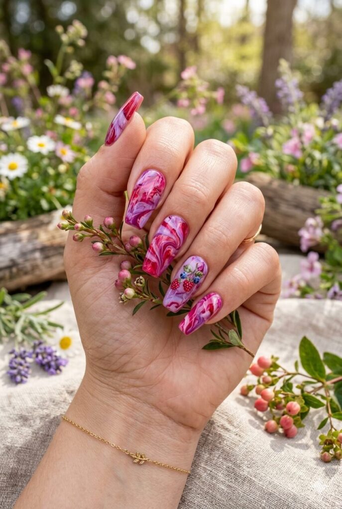 Pink purple marble nails with berry-inspired accents