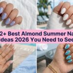 Collage of best almond summer nail ideas for 2026 with chrome jelly and glazed designs