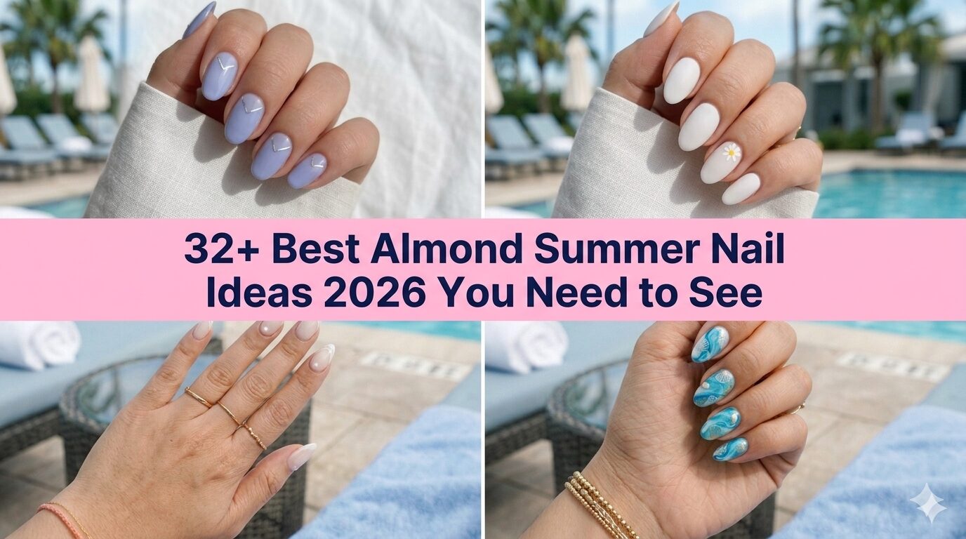 Collage of best almond summer nail ideas for 2026 with chrome jelly and glazed designs