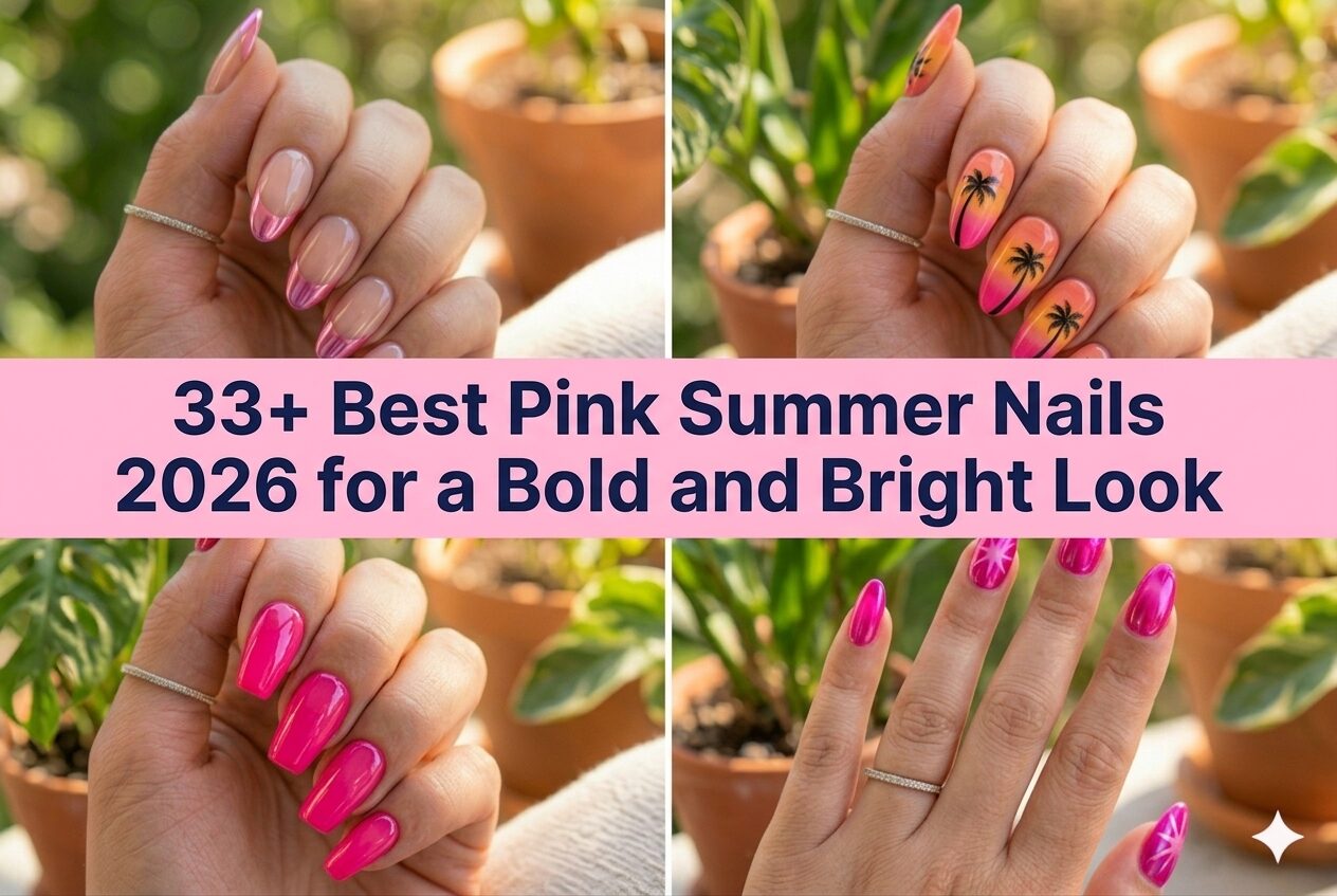 Collage of best pink summer nails for 2026 with bold chrome aura and fuchsia designs