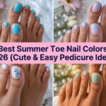 Collage of best summer toe nail colors for 2026 with bright pedicure shades