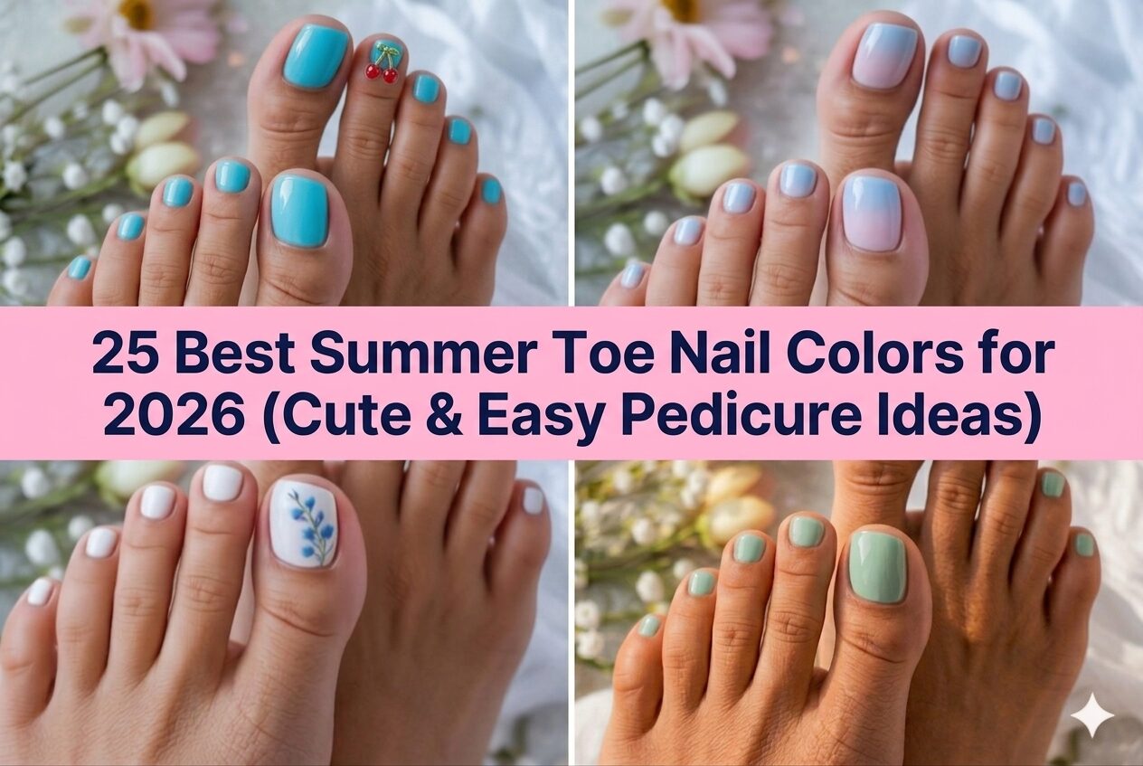 Collage of best summer toe nail colors for 2026 with bright pedicure shades