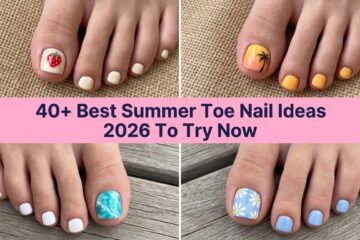 Collage of bright summer toe nail ideas for 2026 with beachy pedicure colors