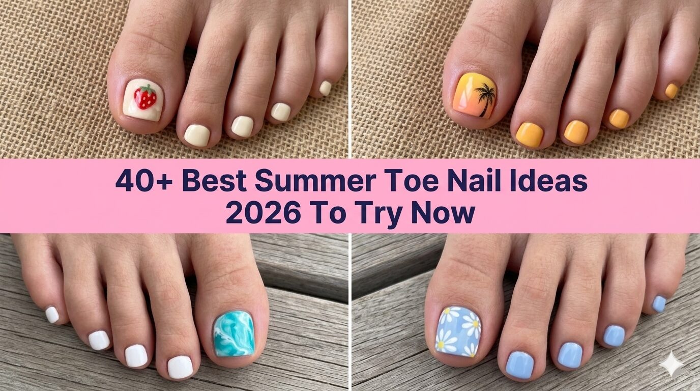 Collage of bright summer toe nail ideas for 2026 with beachy pedicure colors