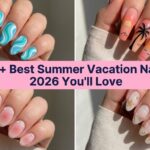 Collage of best summer vacation nail ideas for 2026 with beachy and tropical designs