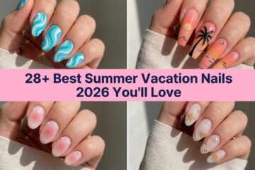 Collage of best summer vacation nail ideas for 2026 with beachy and tropical designs