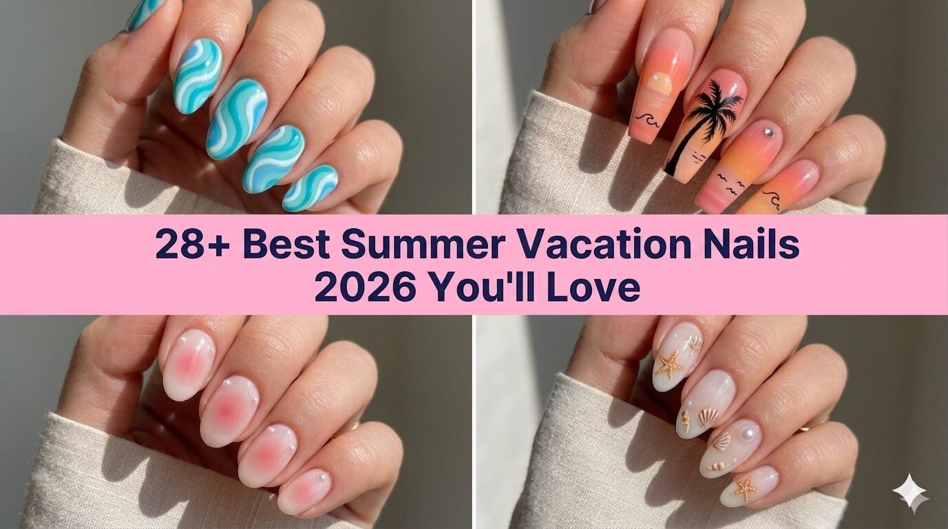 Collage of best summer vacation nail ideas for 2026 with beachy and tropical designs