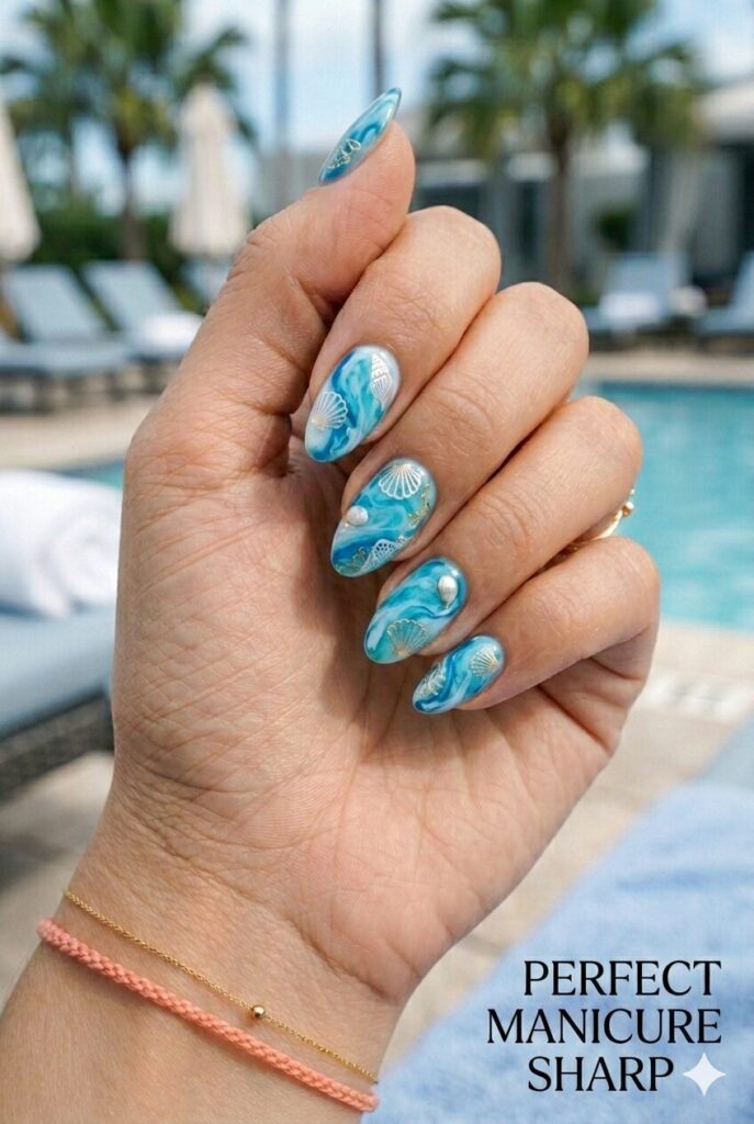 Medium almond nails with white and ocean blue marble shell swirls