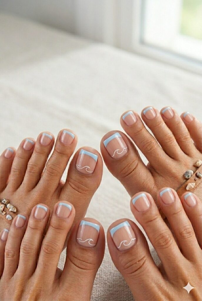 Nude toe nails with blue French tips and wave art
