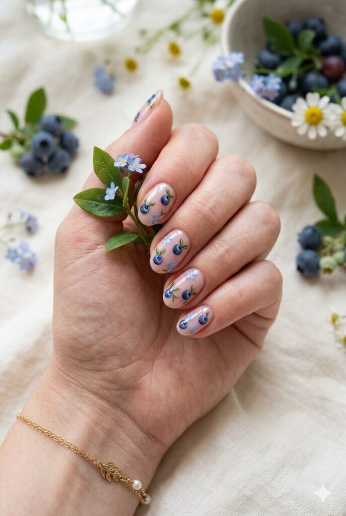 Sheer pink nails with blueberries and tiny blue flowers