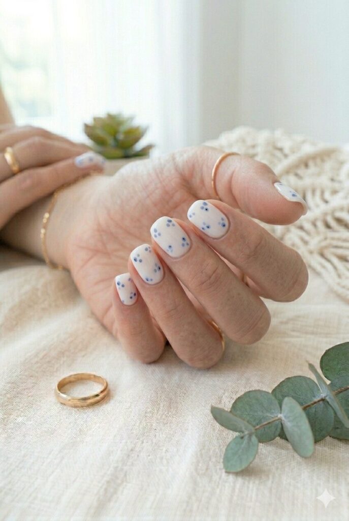 Milky white short nails with tiny soft blue dot details