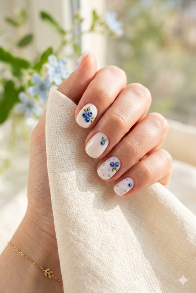 Milky white nails with tiny blueberry nail art