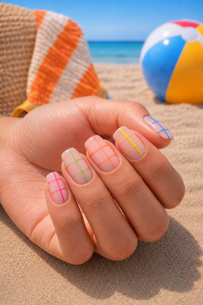 Nude nails with thin colorful grid lines