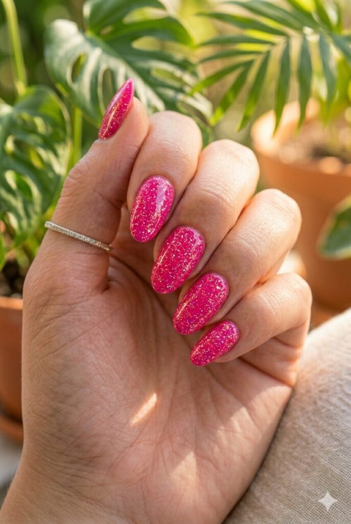 Bright pink nails with tiny micro glitter sparkle finish