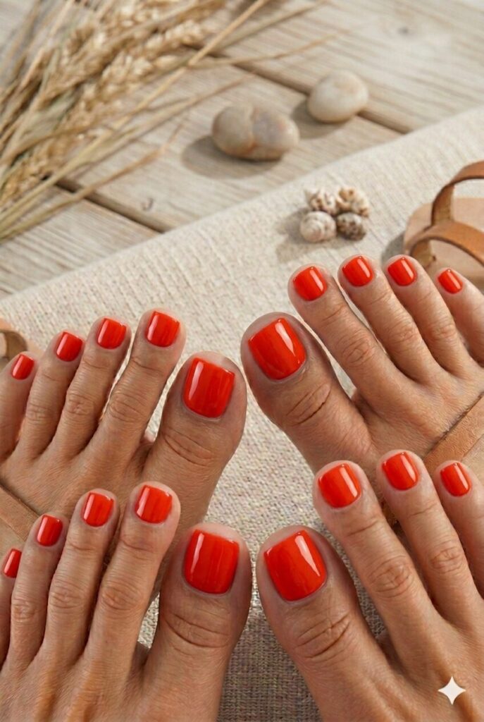 Bright red orange toe nails with a bold summer pedicure look
