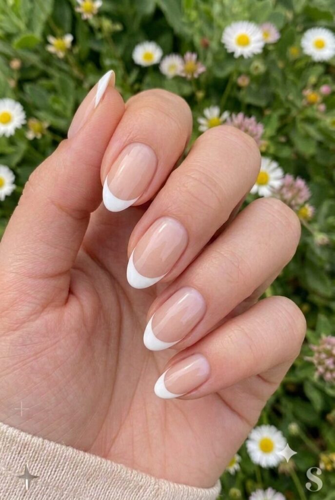 Short almond nails with nude base and bright white French tips