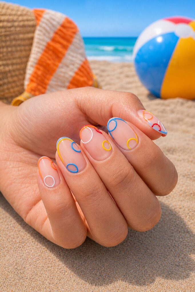 Nude nails with rounded colorful bubble outline art