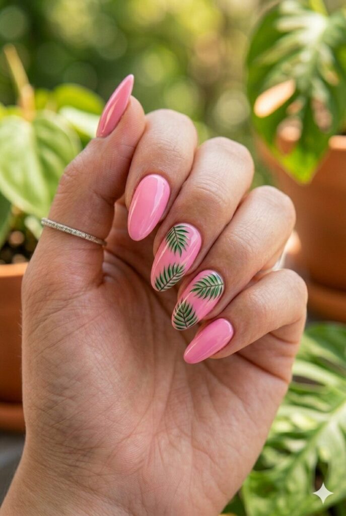 Almond nails with bubblegum pink base and green palm leaf art