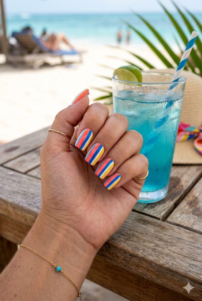 Colorful coral blue yellow and white stripe nails