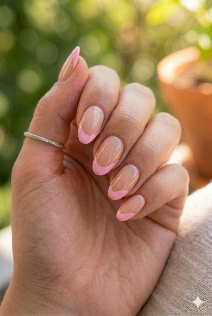 Short almond nails with nude base and candy pink wave tips
