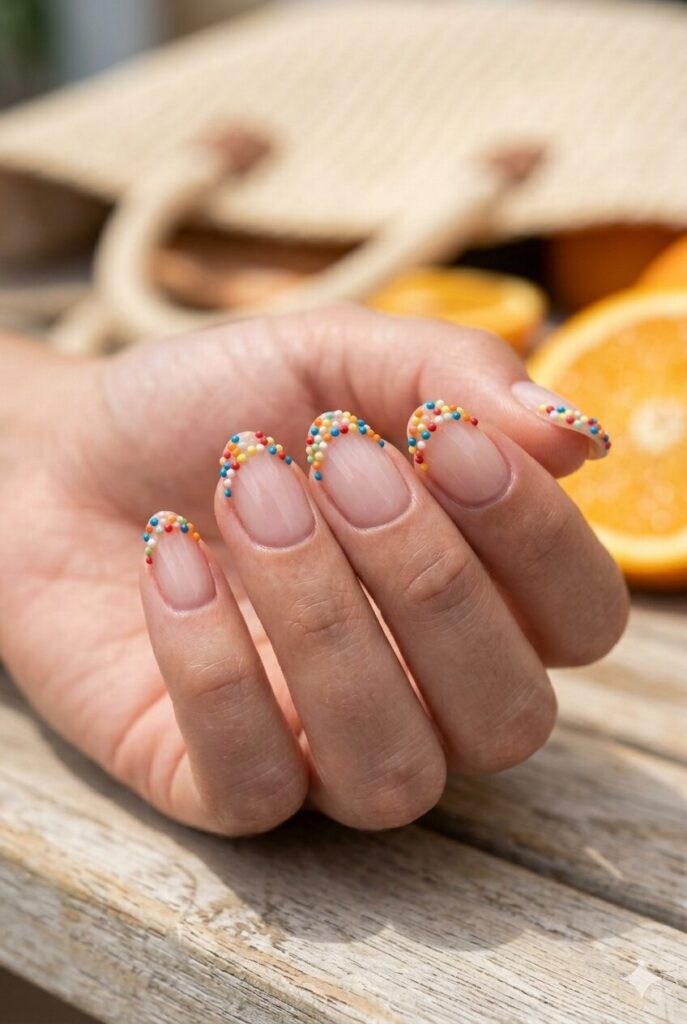 Milky nude nails with tiny colorful sprinkle tips