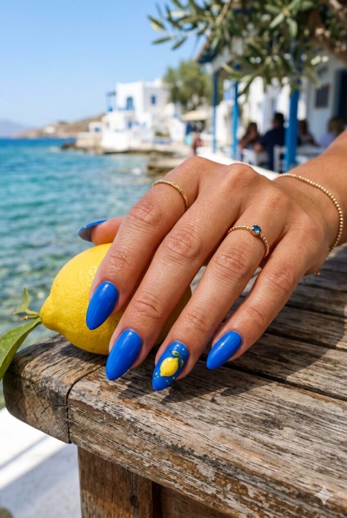 Bright blue nails with tiny lemon details for coastal style