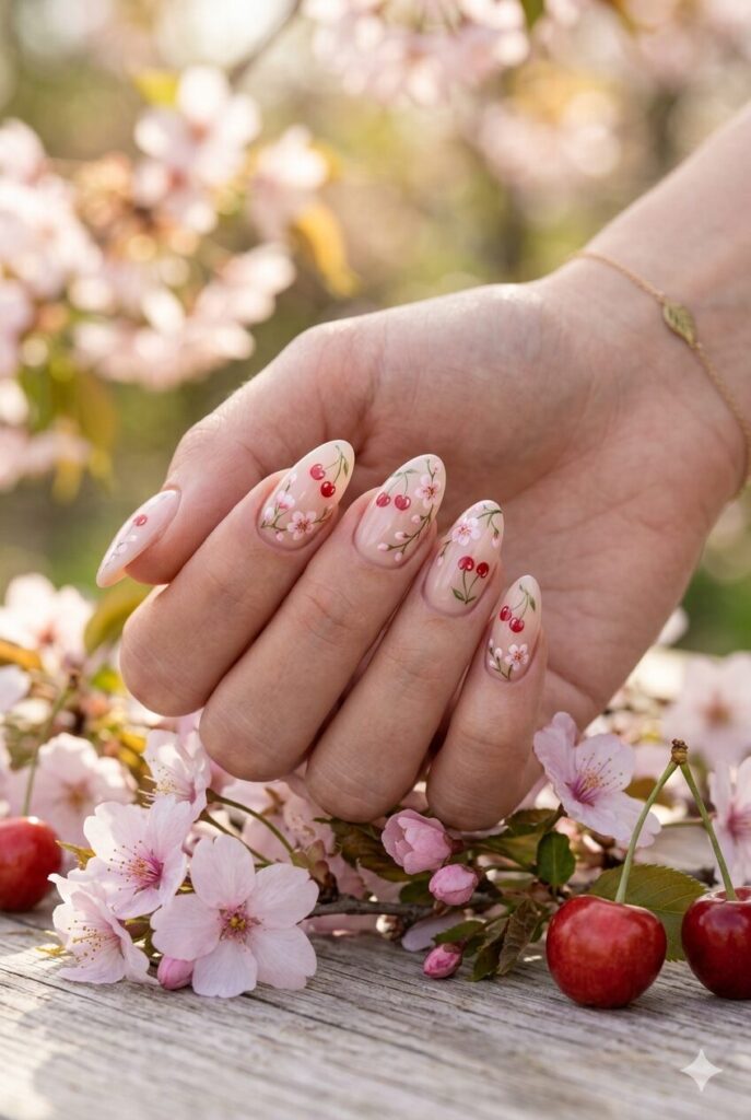Milky nude nails with cherry and blossom nail art