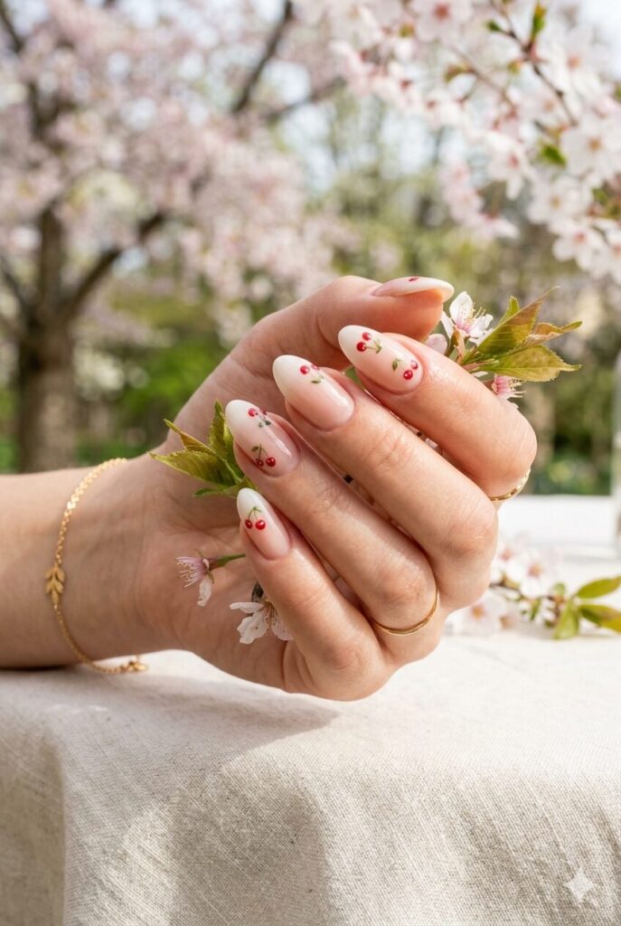 French fade nails with small cherry details near the tips
