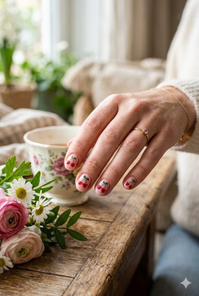 Blush pink nails with cute heart shaped cherry art