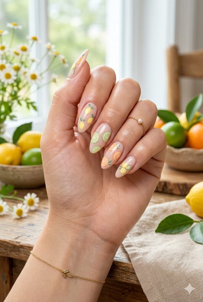 Pastel citrus nails with lemon lime and orange designs