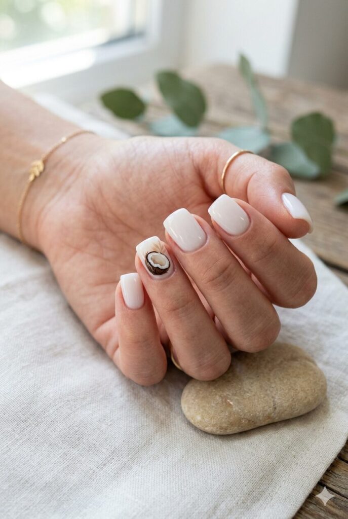 Milky white coconut nails with soft beige details
