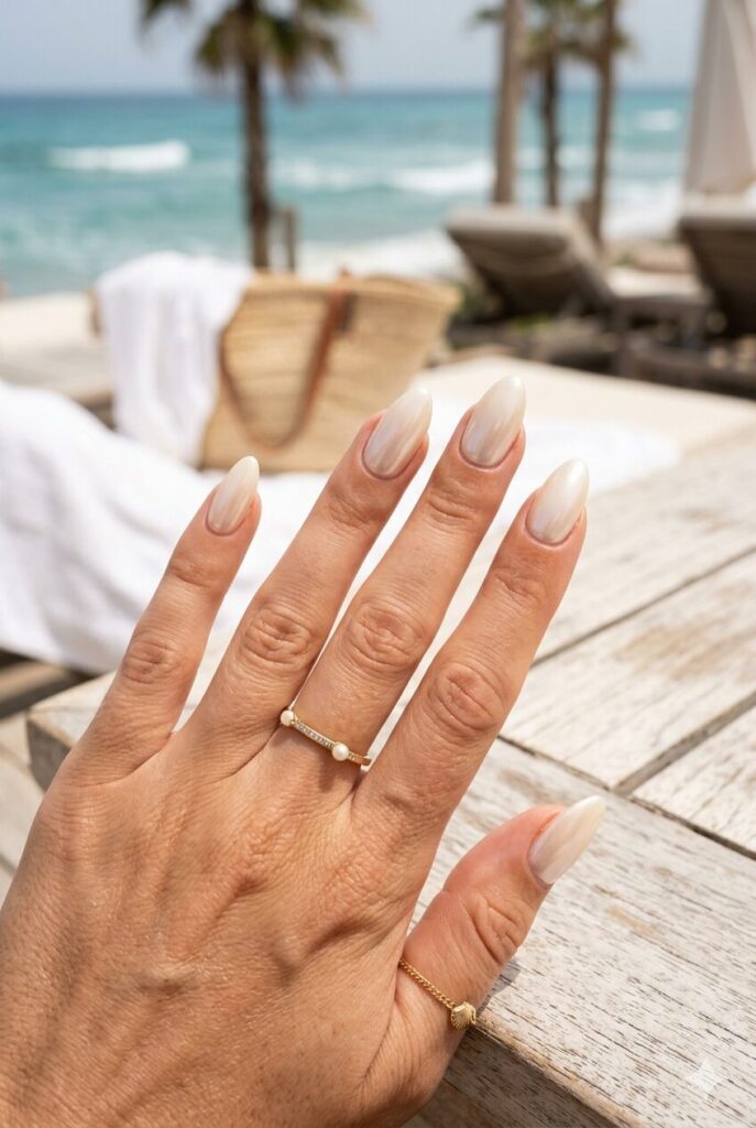 Creamy ivory nails with a soft chrome glow finish
