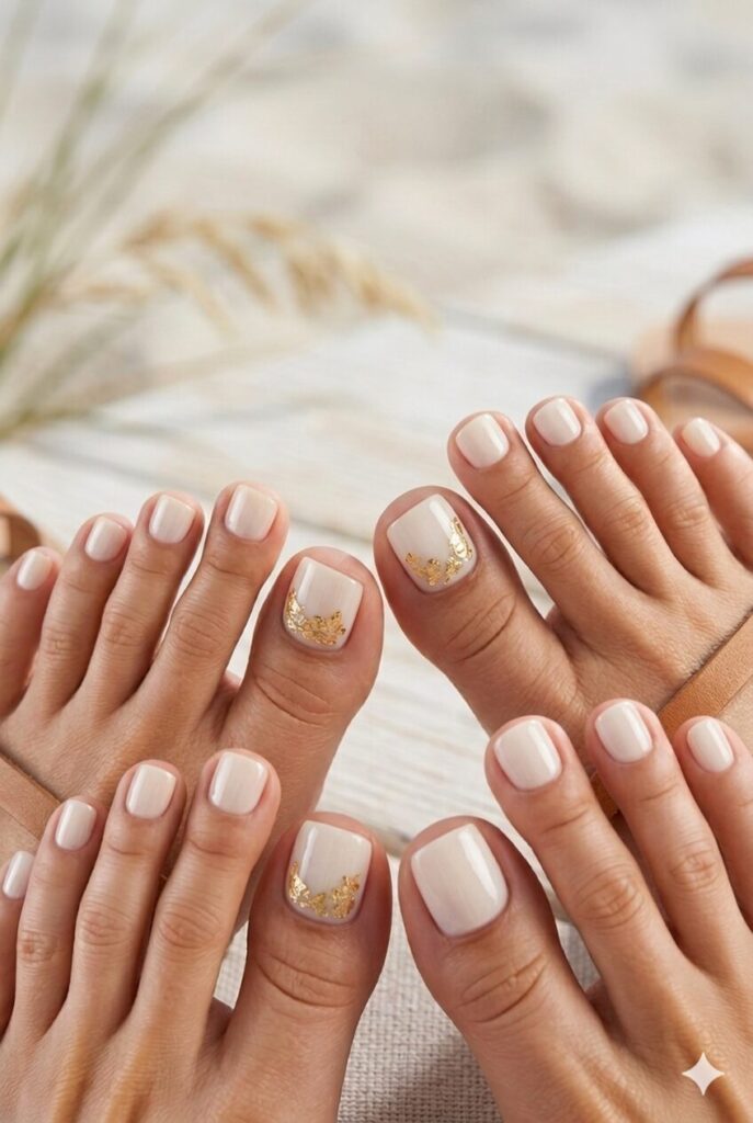Milky ivory toe nails with soft gold foil accents
