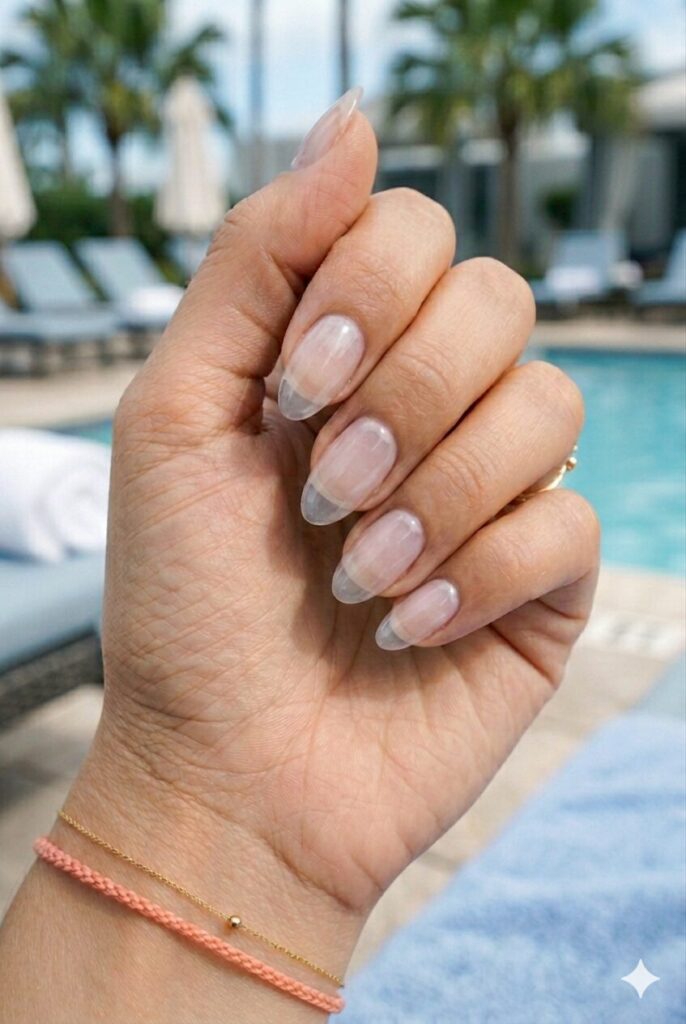 Medium almond nails with clear milky jelly glossy finish