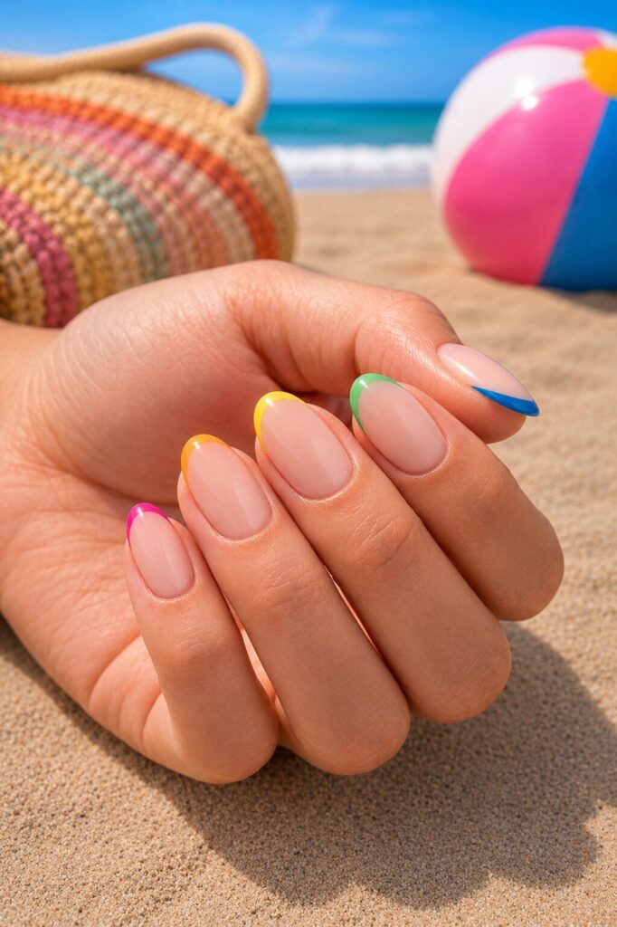 Nude nails with different bold colors on each French tip