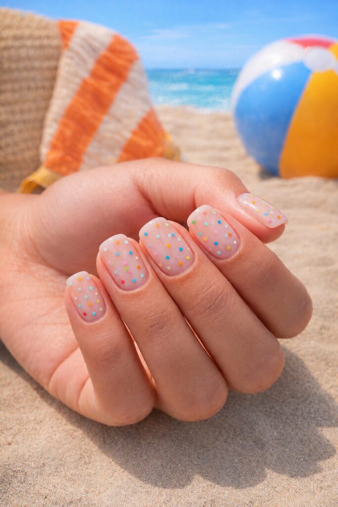Nude nails with tiny multicolor confetti dots