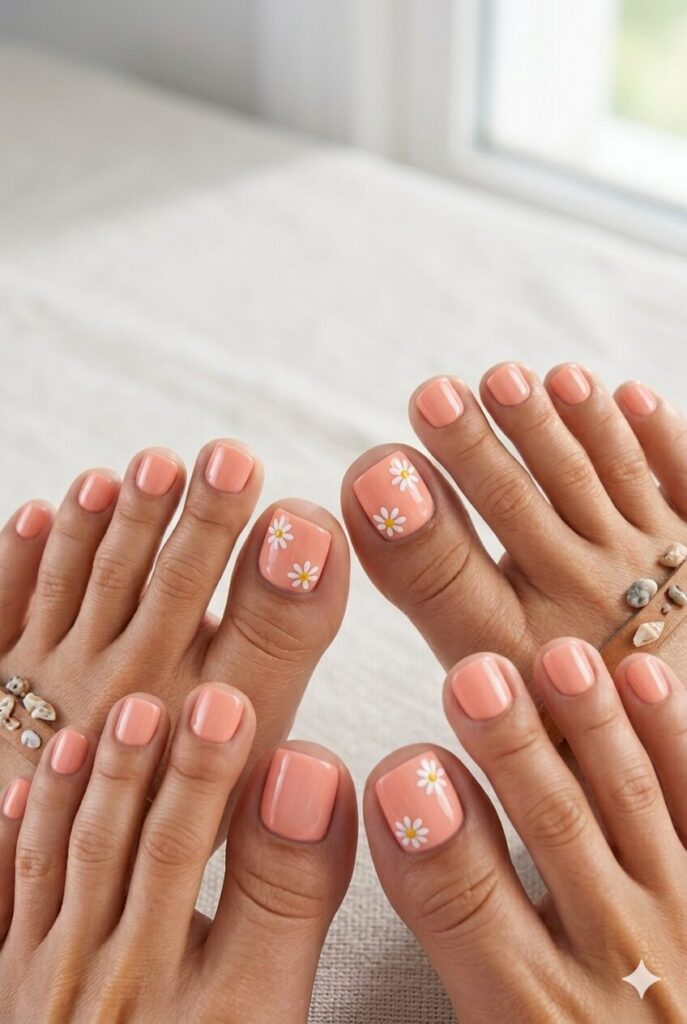 Coral toe nails with white daisy art on the big toes