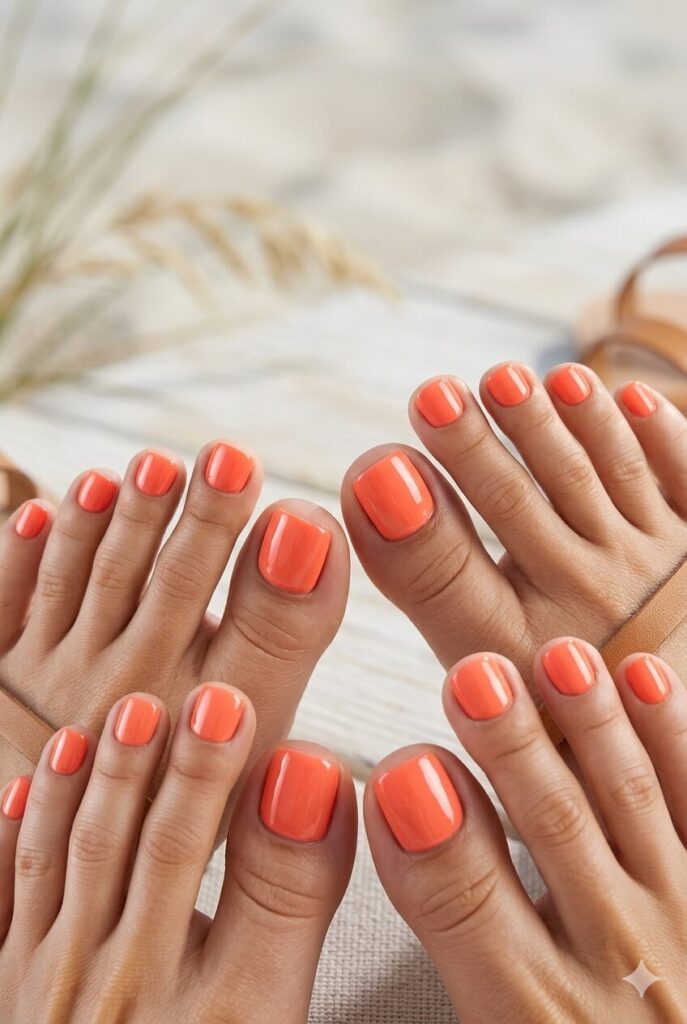 Glossy coral toe nails with a bright summer pedicure look