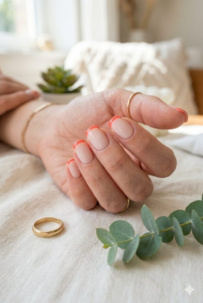 Short oval nails with nude base and thin coral French tips