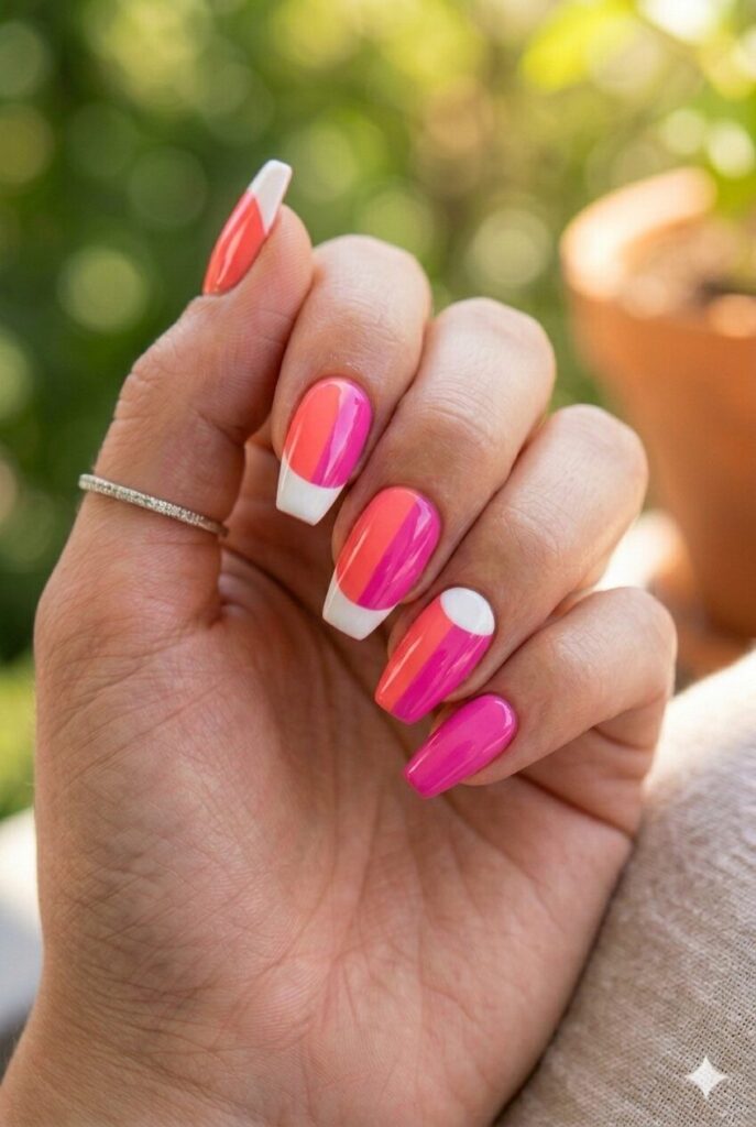 Square nails with coral pink and white bold color block design