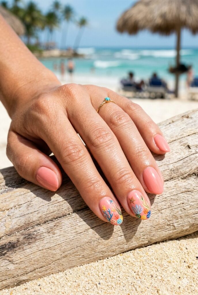 Coral nails with tiny reef-inspired accent nail art