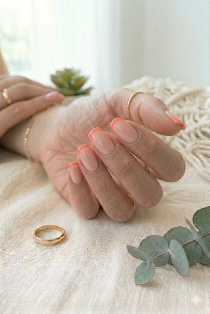 Short nails with nude base and coral side French tips