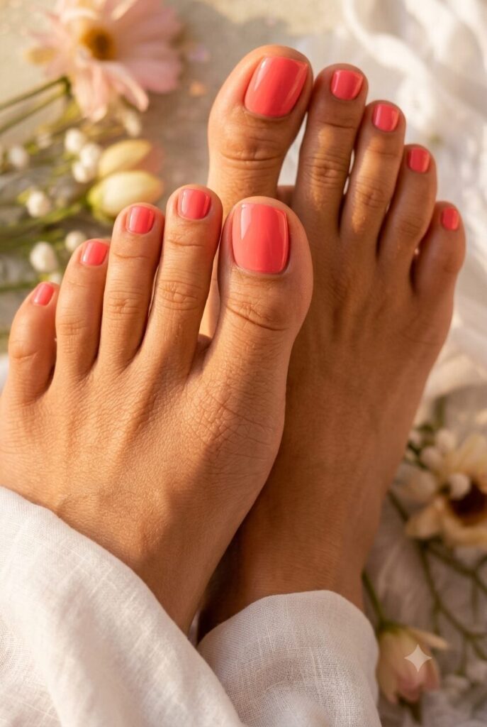 Short square toenails with glossy coral sunset pedicure color