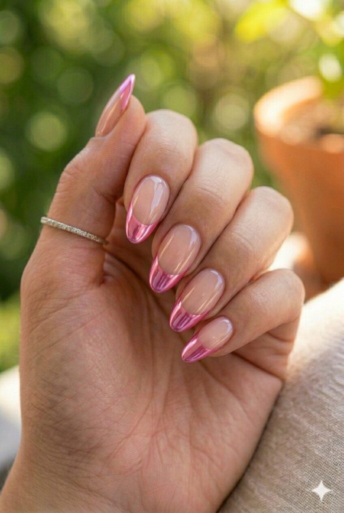 	Short almond nails with sheer base and cotton candy pink chrome tips