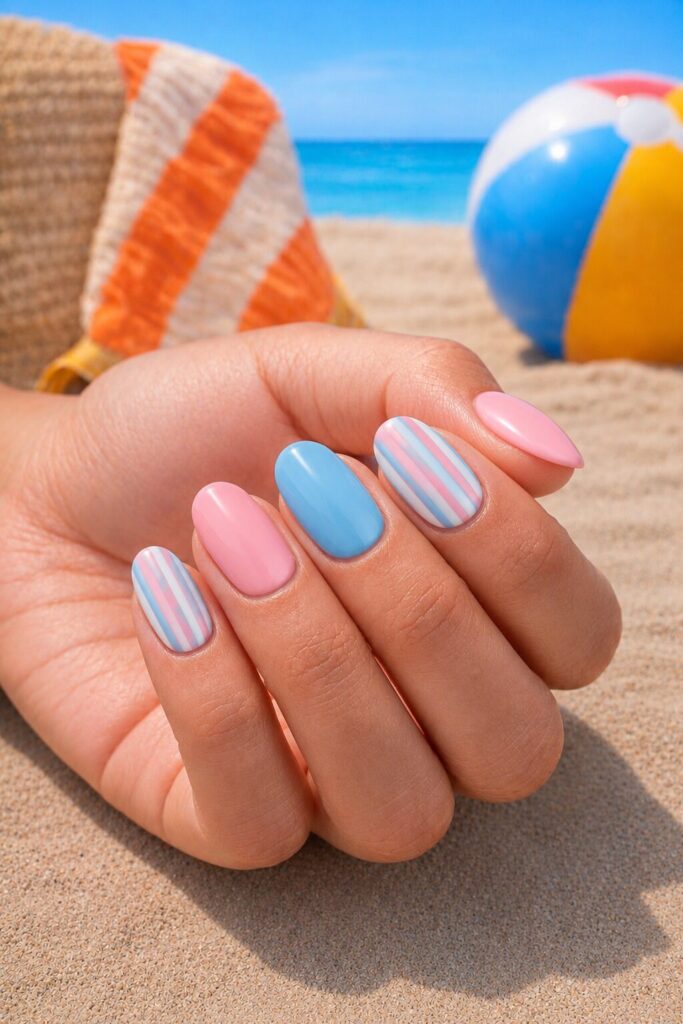 Pink blue and white striped cotton candy summer nails